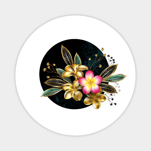 Golden plumeria in circle Magnet by Blackmoon9